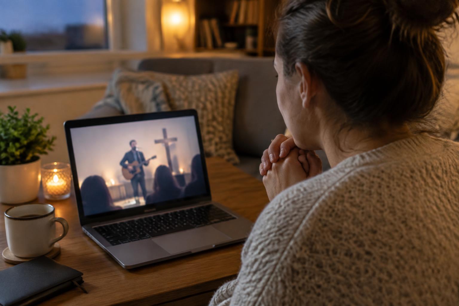 A woman joining an online worship service from home