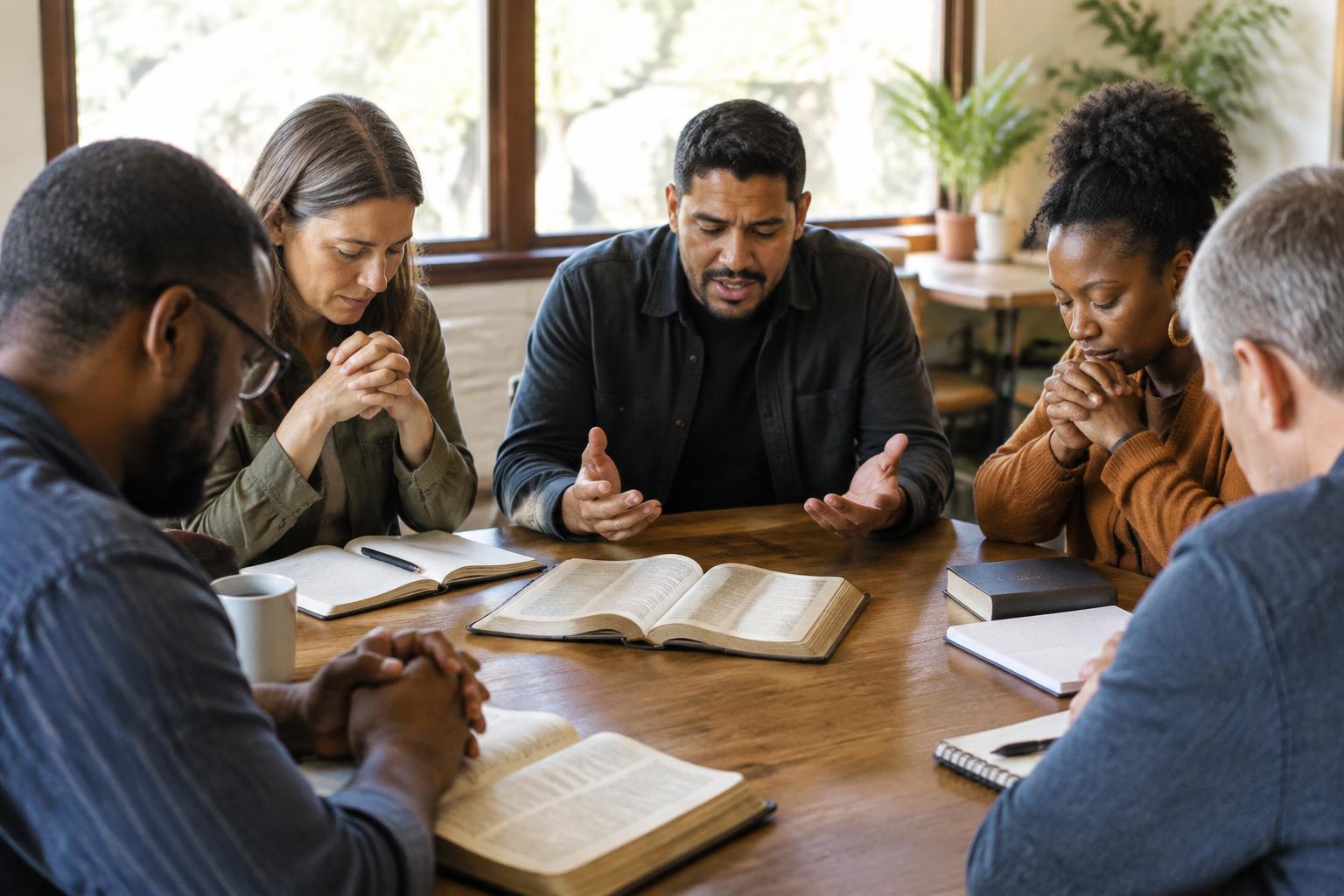 Ministry leaders praying together around a table